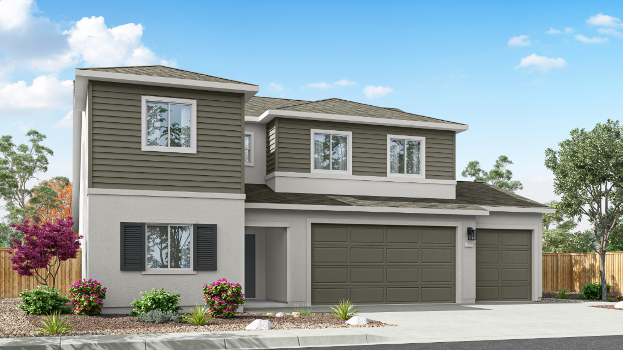 Stampede floorplan rendering with 3 car garage at the front of the home