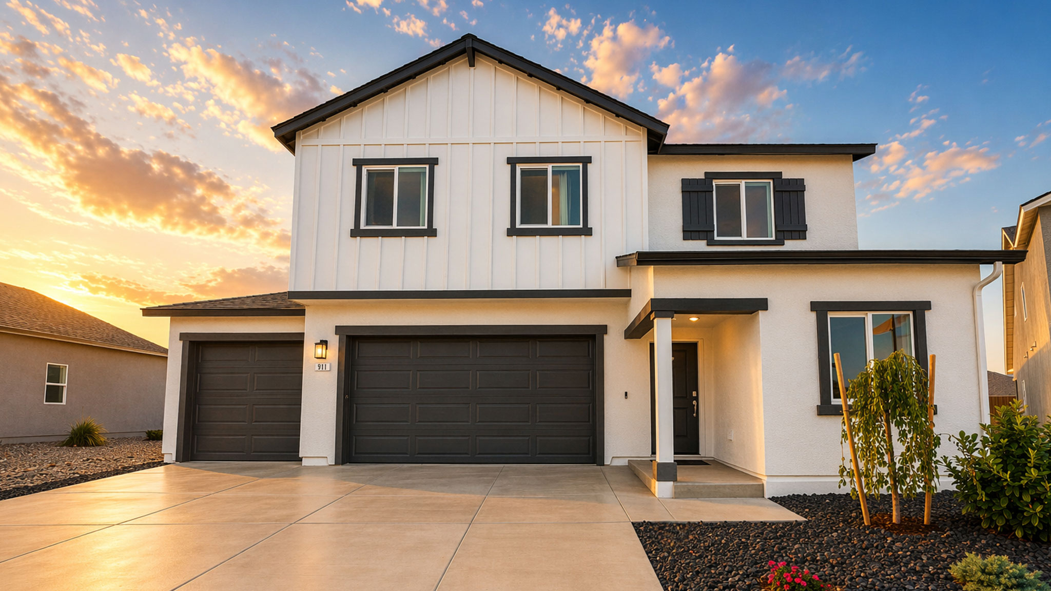 Exterior photo at dusk of the Yosemite floorplan with a farmhouse elevation