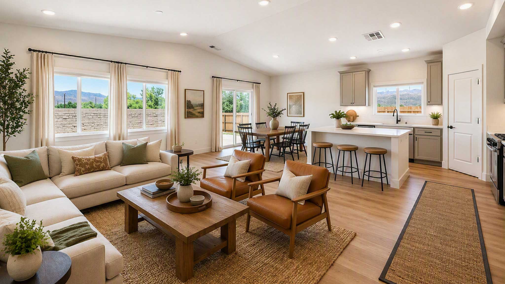 Virtually staged great open concept living, dining room, and kitchen