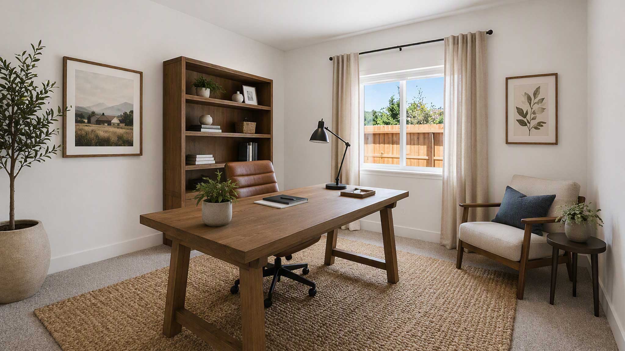Virtually staged secondary carpeted bedroom with bright light decorated as an office