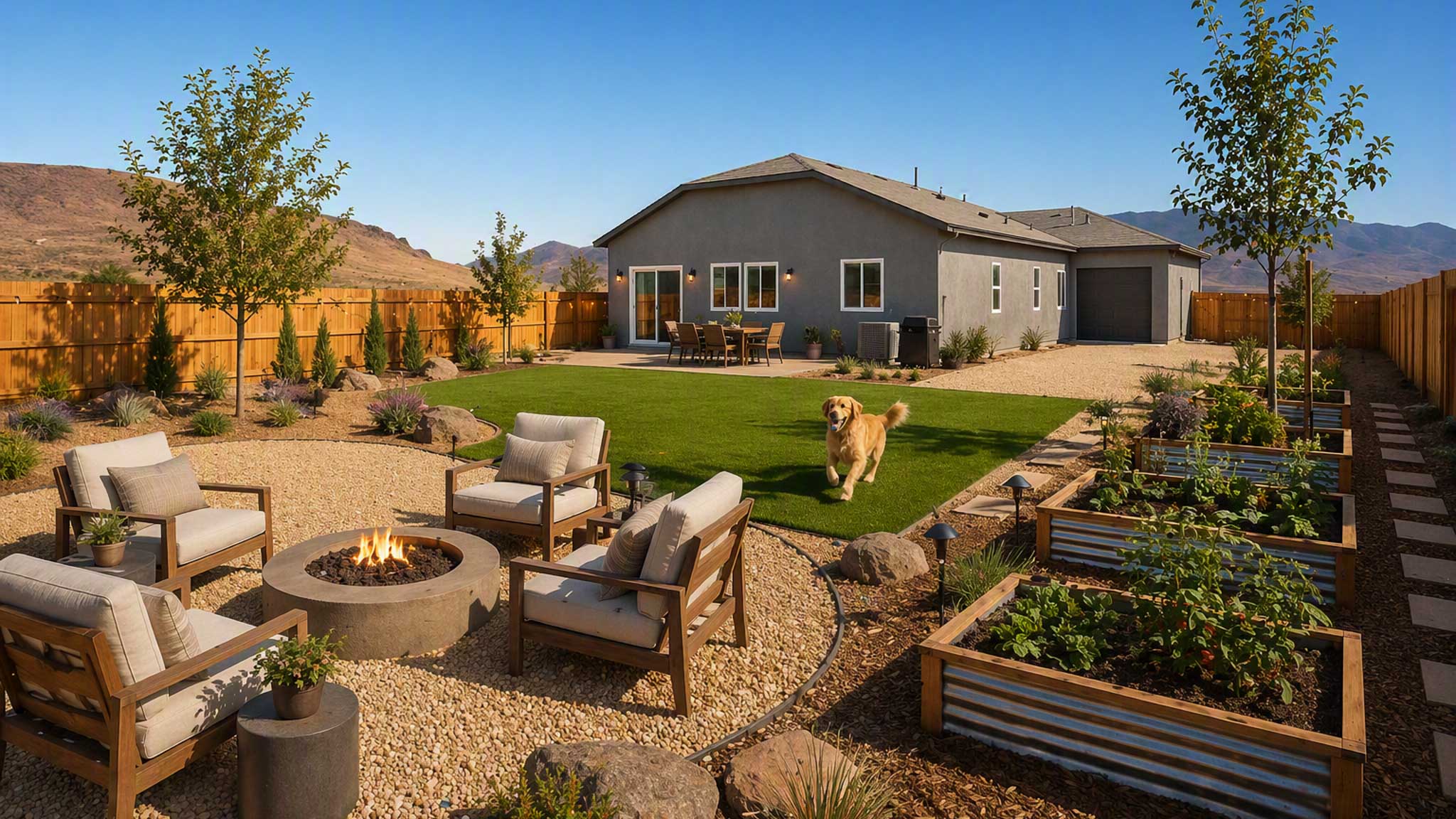 Virtually staged backyard with outdoor furniture