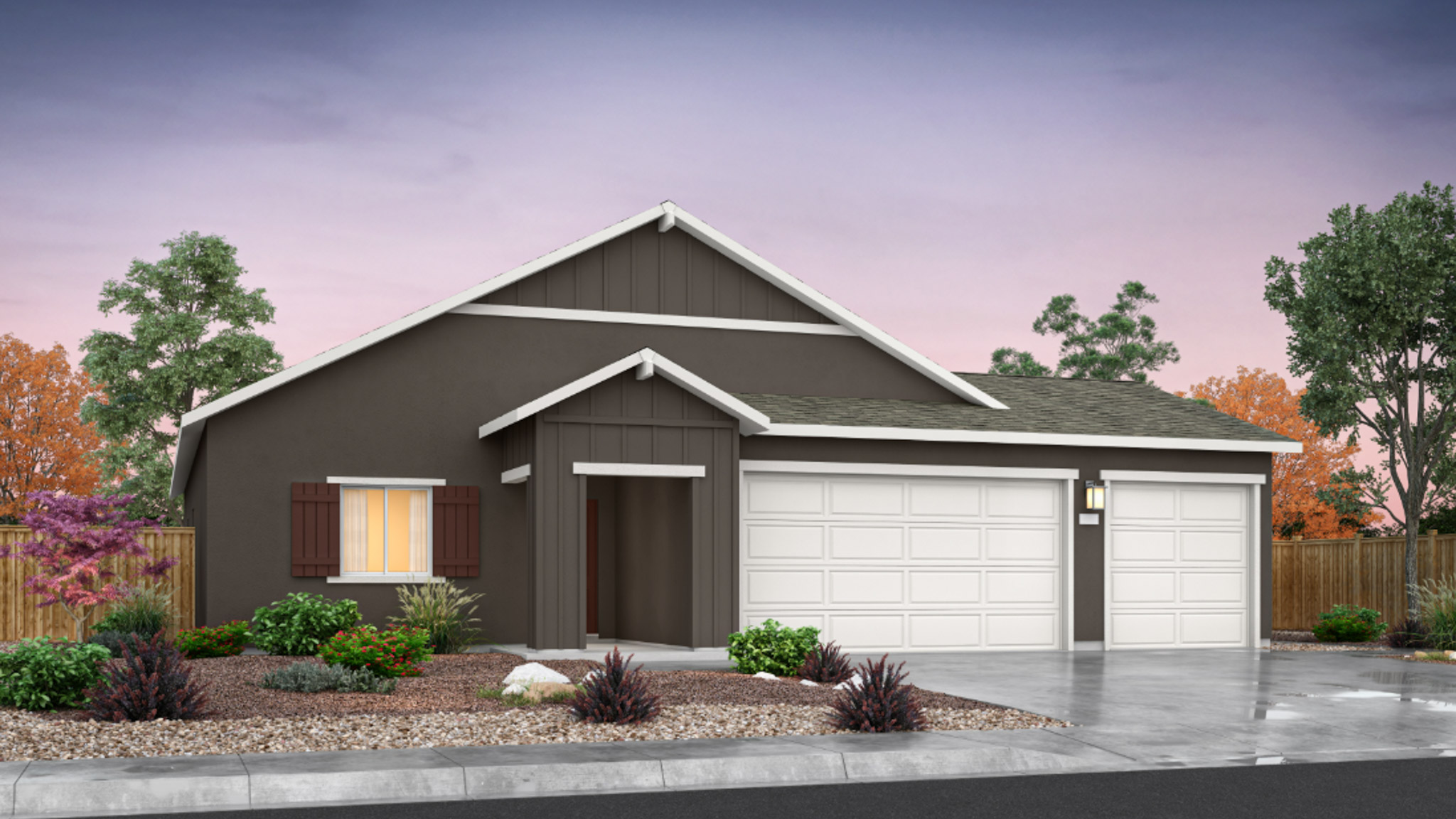 One-story Almanor floorplan rendering with dark stucco exterior