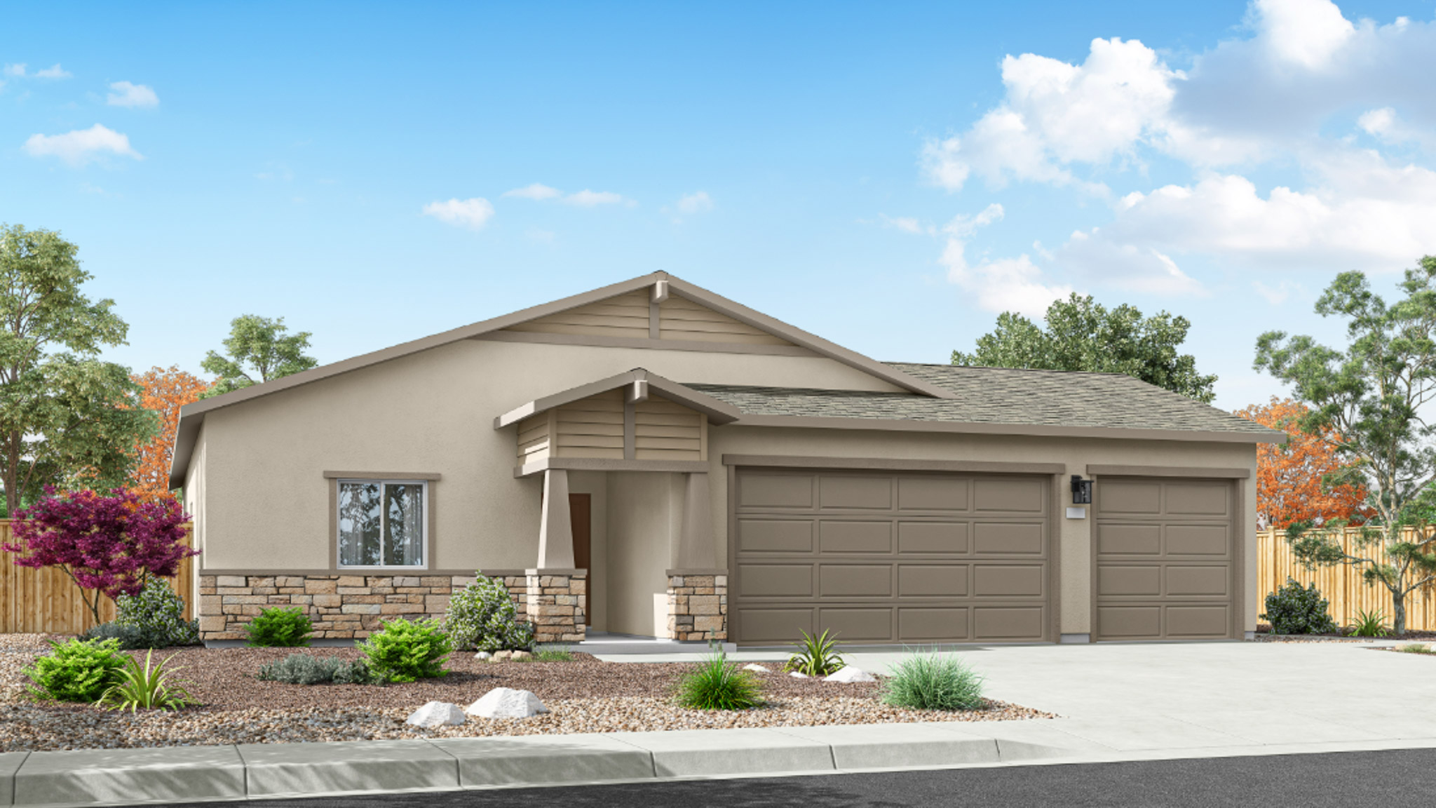 Single-story Almanor rendered elevation with stucco and stone