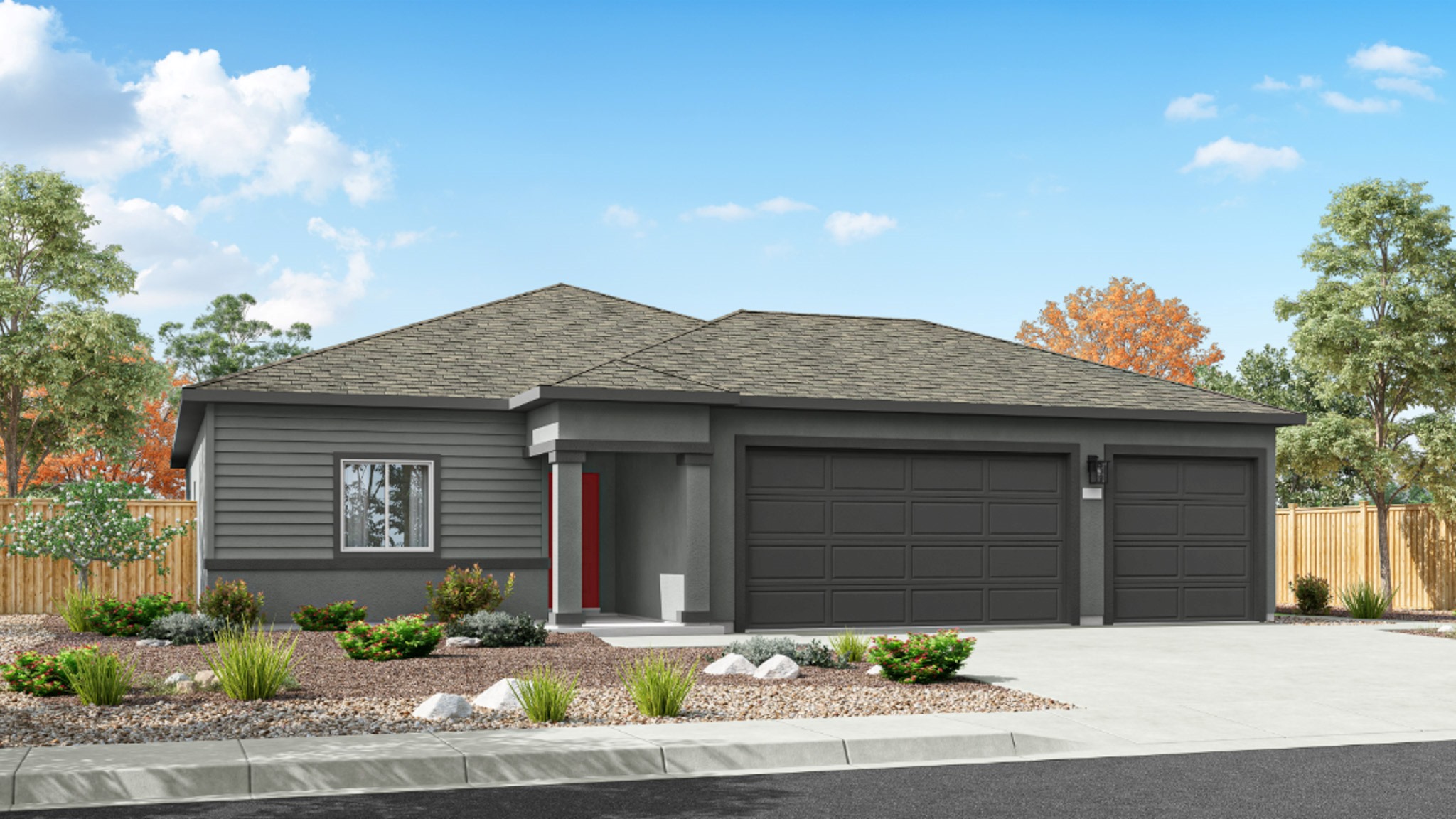 One-story Boca floorplan rendering with dark stucco exterior
