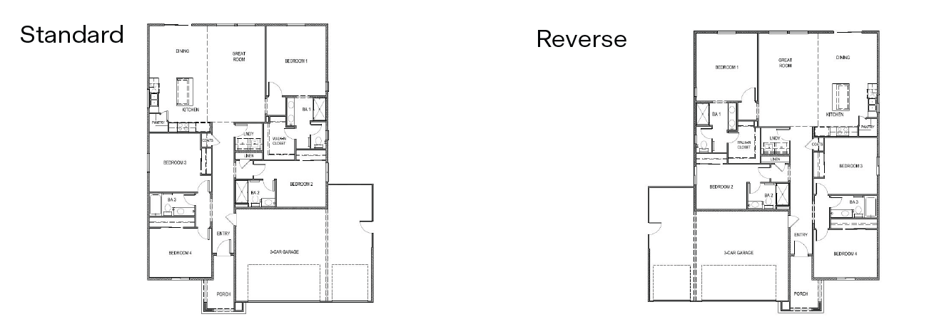 Standard and reverse single-story floorplan of the Boca plan