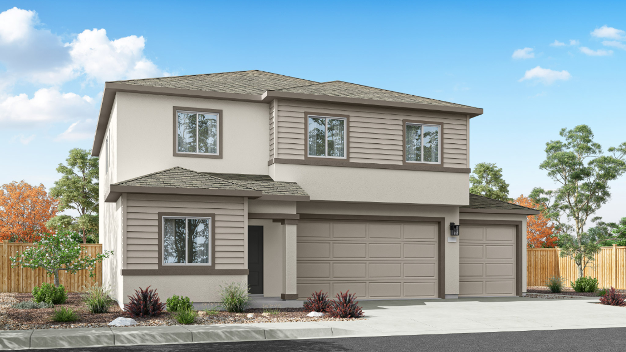 Two-story Yosemite rendering with garage at the front of the home and stucco exterior