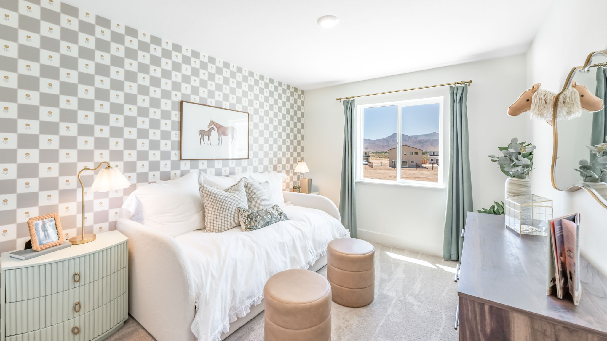 Cute children's room with bright decor and large windows