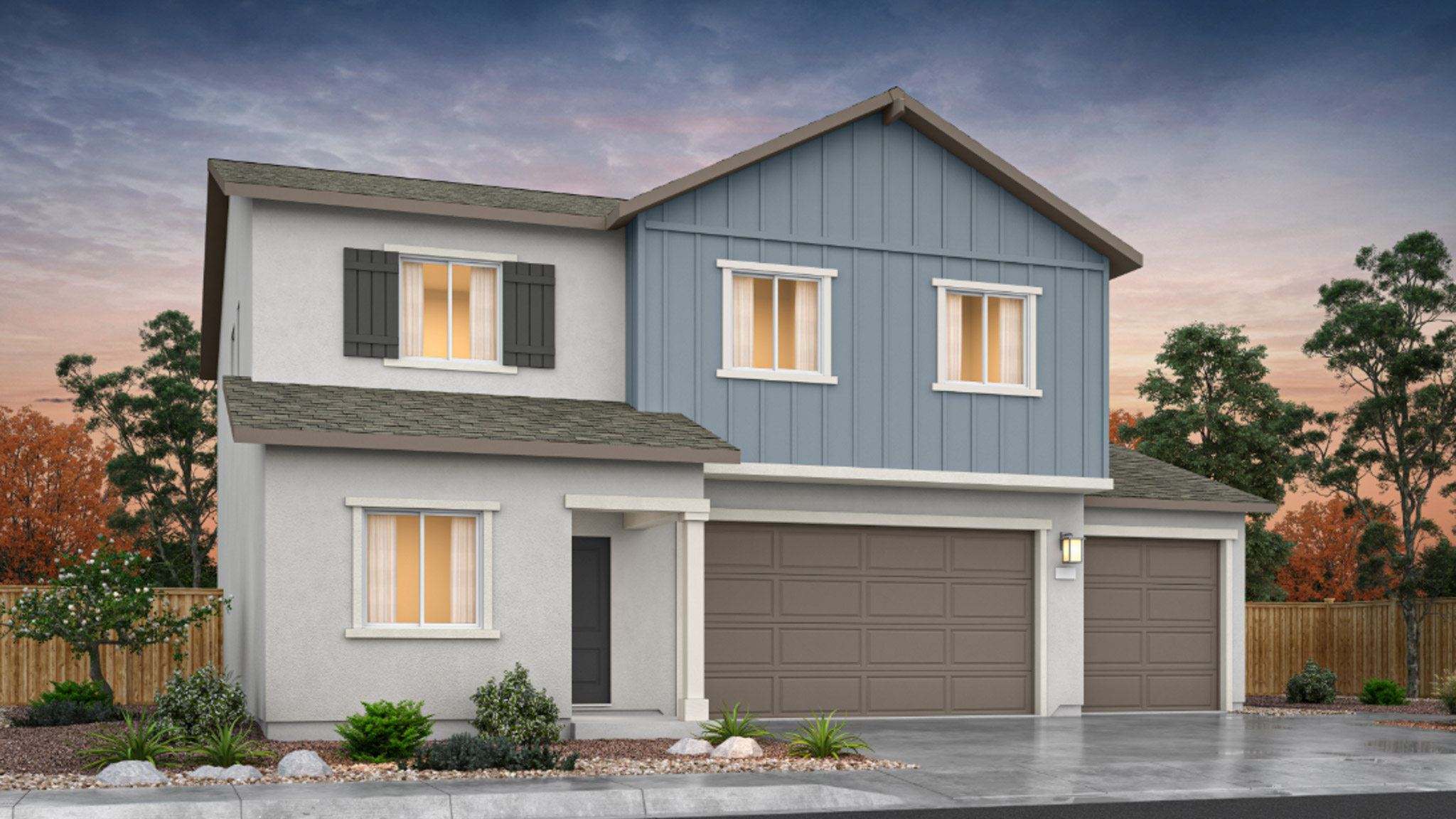 Two-story Yosemite floorplan rendering with 3 car garage at the front of the home