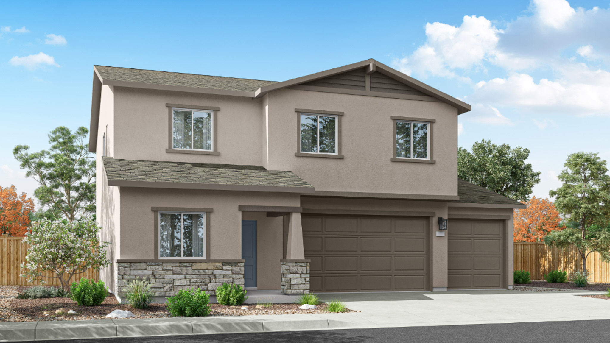 Two-story Yosemite floorplan rendering with 3 car garage at the front of the home