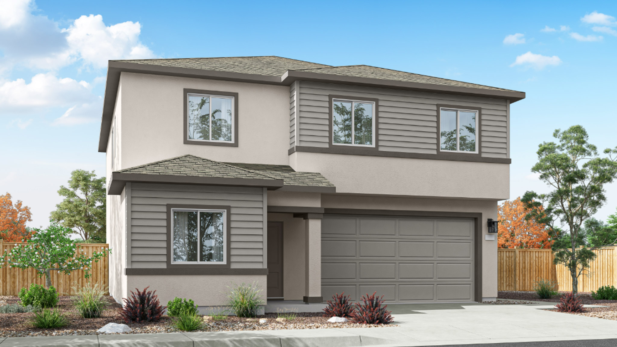 Two-story Yosemite floorplan rendering with garage at the front of the home