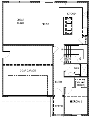 Reverse Yosemite floorplan layout floor 1 with open concept living space, interior access the 2 car garage, and one bedroom downstairs