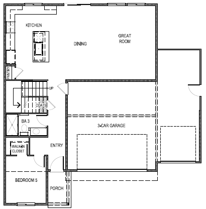 Standard Yosemite floorplan layout floor 1 with open concept living space, interior access the 3 car garage, and one bedroom downstairs