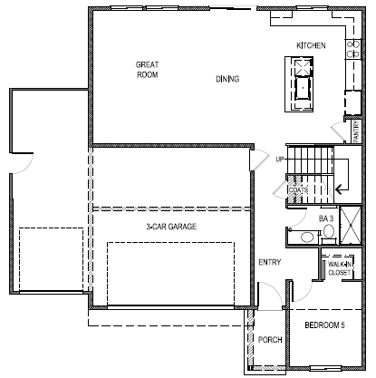 Reverse Yosemite floorplan layout floor 1 with open concept living space, interior access the 3 car garage, and one bedroom downstairs