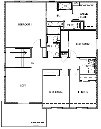 Standard Yosemite floorplan layout floor 2 with four bedrooms, loft space and laundry room