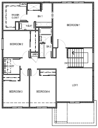 Reverse Yosemite floorplan layout floor 2 with four bedrooms, loft space and laundry room
