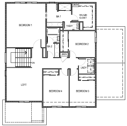 Standard Yosemite floorplan layout floor 2 with four bedrooms, loft space and laundry room