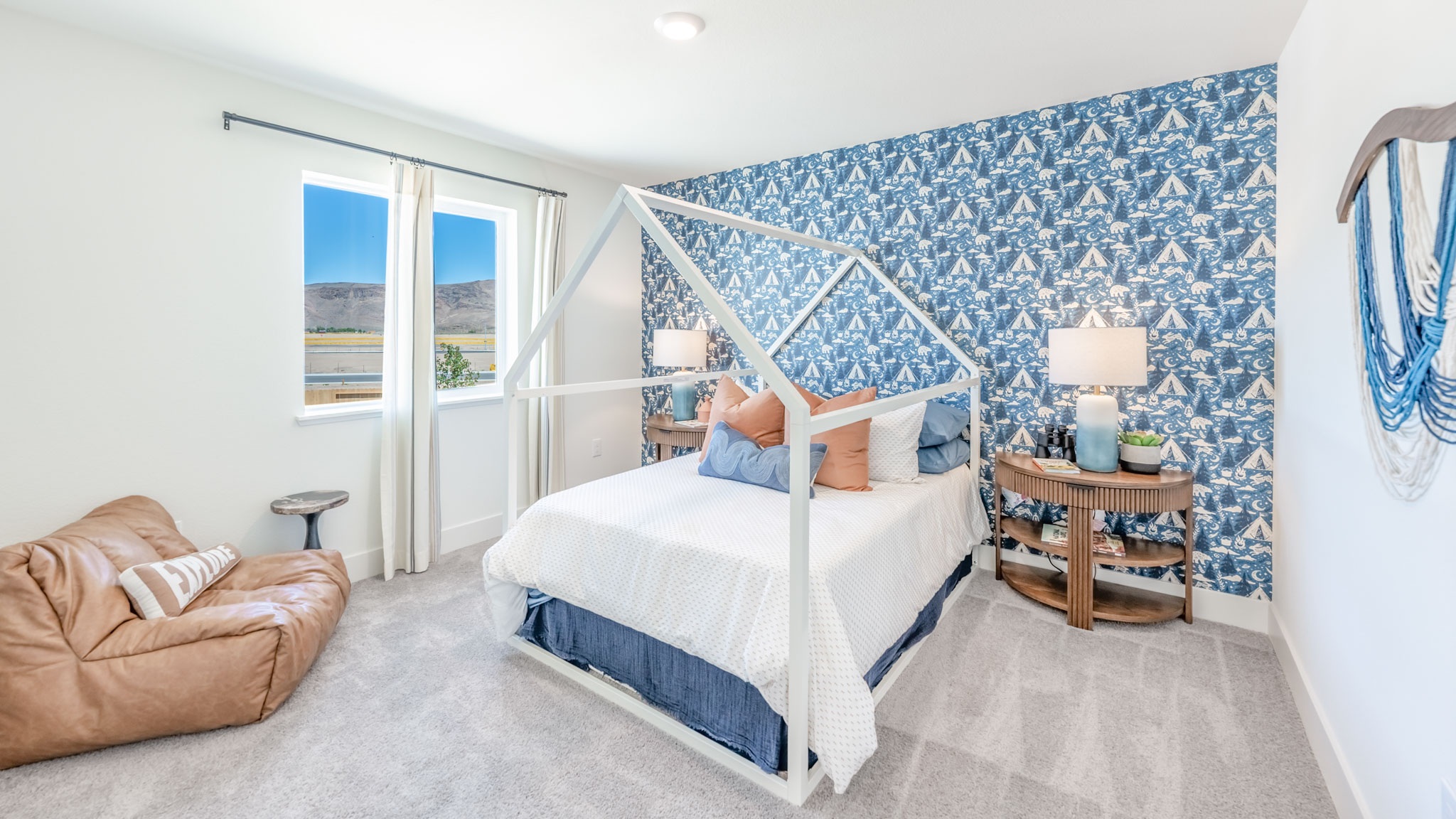Cute children's room with bright decor and large windows