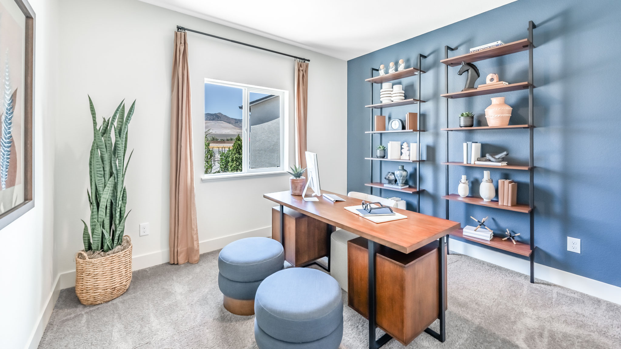 Carpeted bedroom decorated as an office