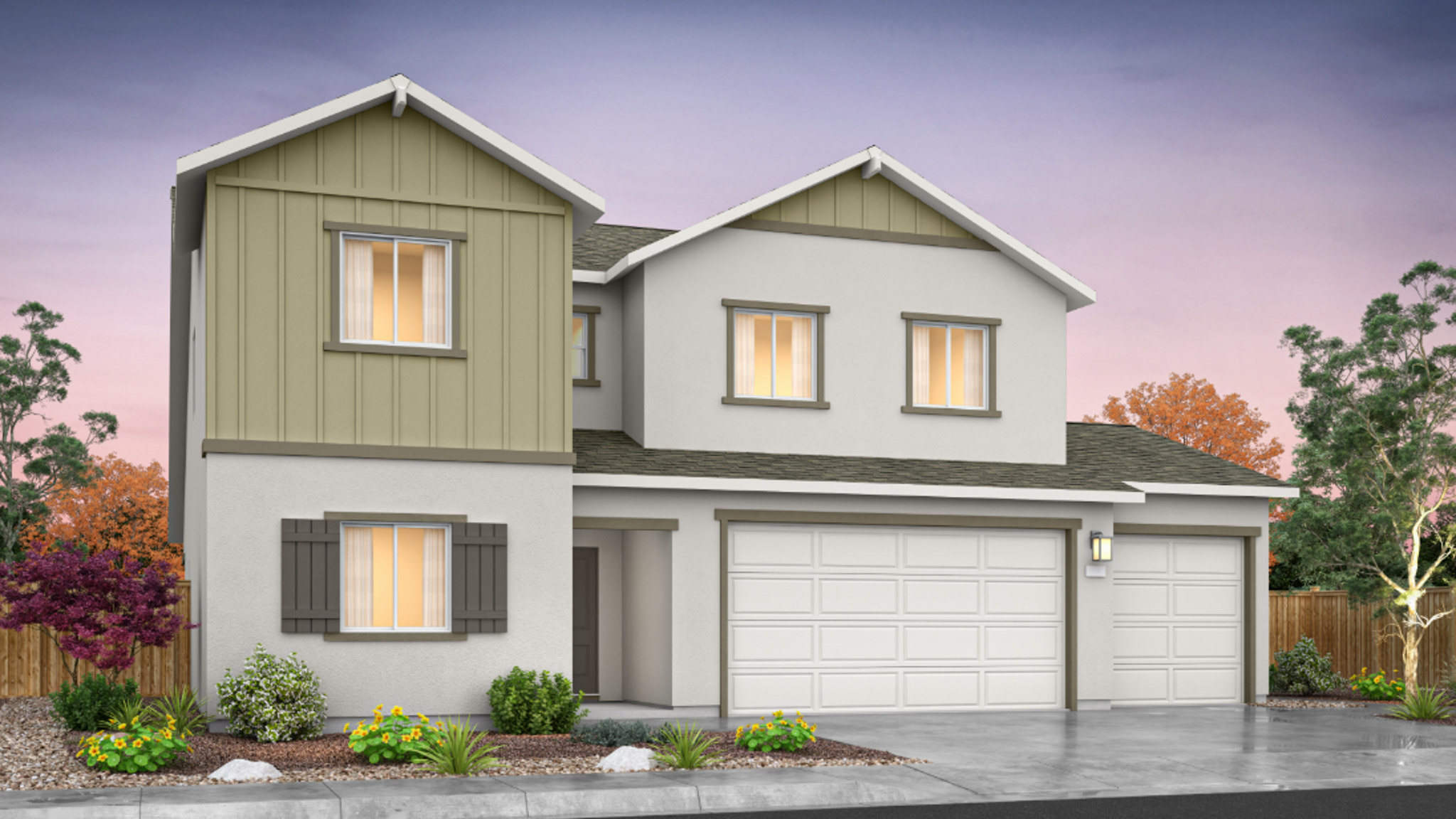Two-story Farmhouse Stampede floorplan rendering with 3 car garage at the front of the home