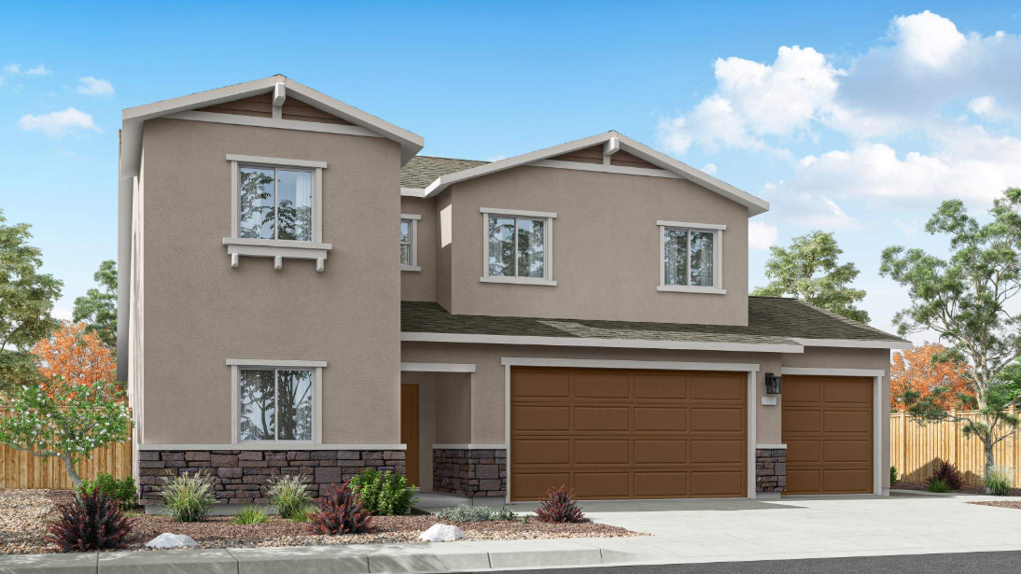 Two-story Craftsman Stampede floorplan rendering with 3 car garage at the front of the home