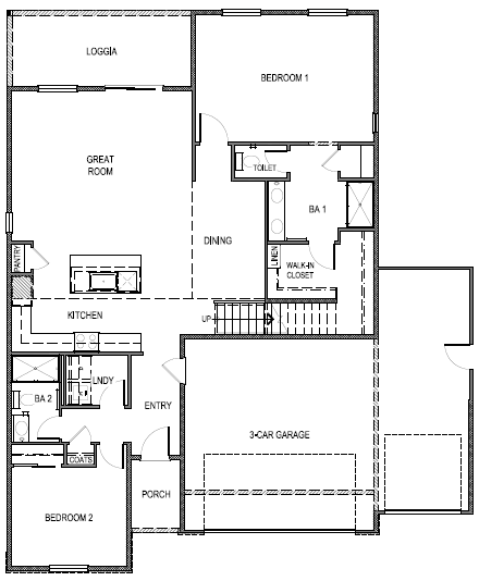 Standard Stampede floorplan layout floor 1 with open concept living space, interior access the 3 car garage, and two bedrooms downstairs