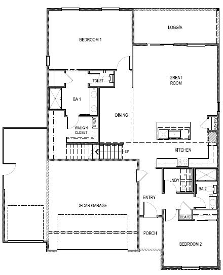 Reverse Stampede floorplan layout floor 1 with open concept living space, interior access the 3 car garage, and two bedrooms downstairs