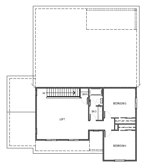 Reverse floorplan layout floor 2 with four bedrooms, loft space and laundry room