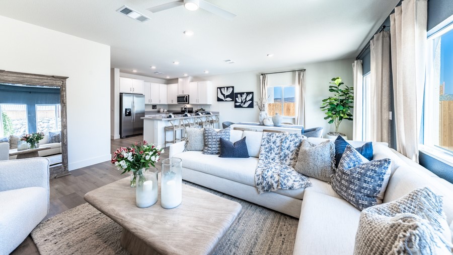 Living room looking out to dining and kitchen area