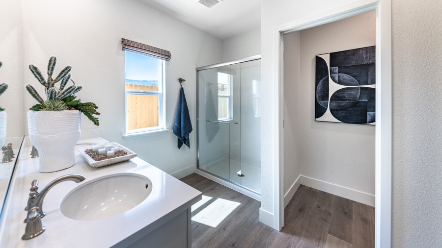 Primary bathroom with double vanity and separate toilet