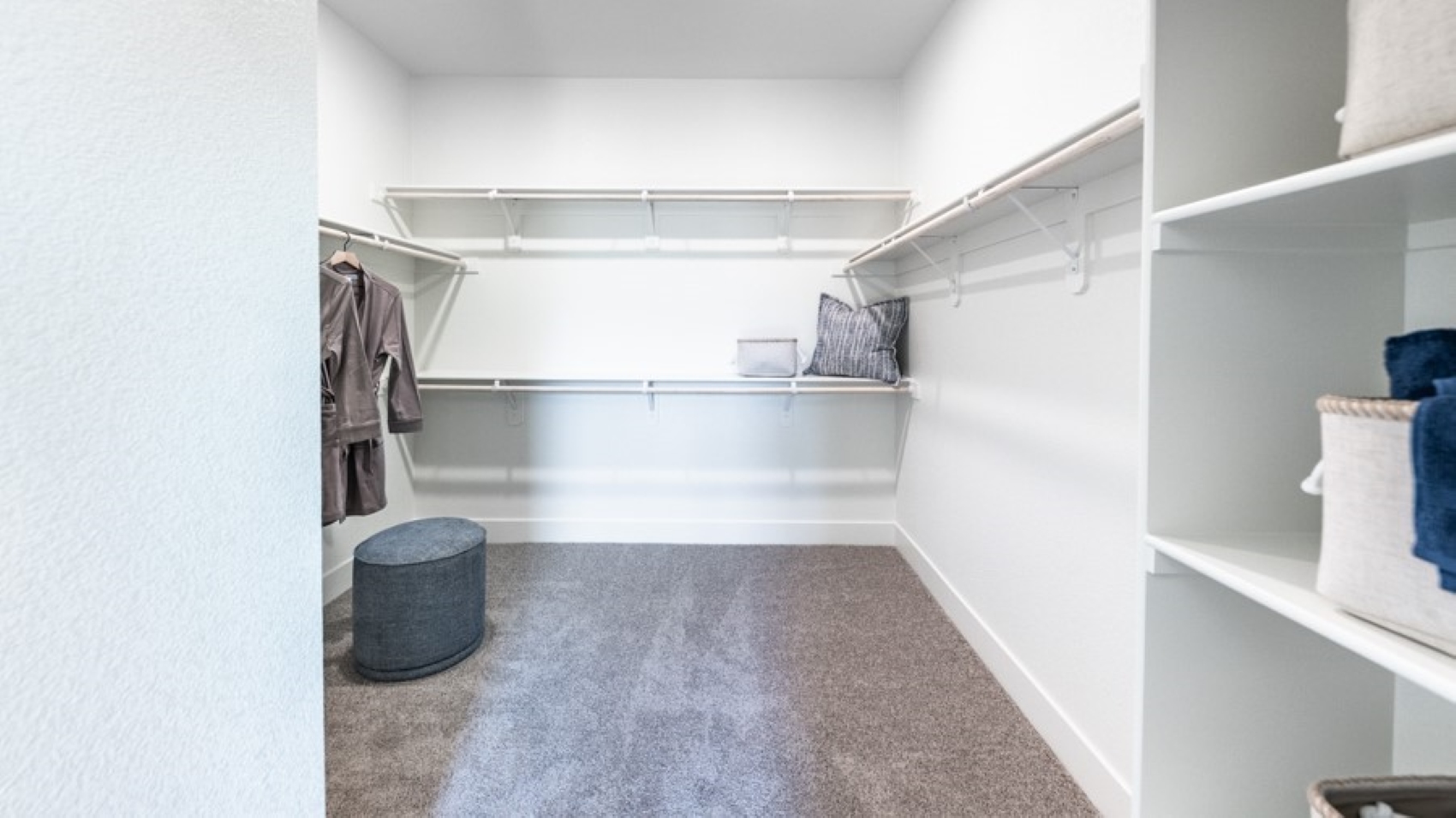 Large walk-in closet with built-in shelves and carpeted floors