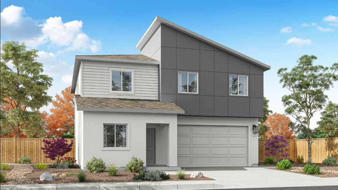Two-story Yosemite rendering with garage at the front of the home and stucco exterior