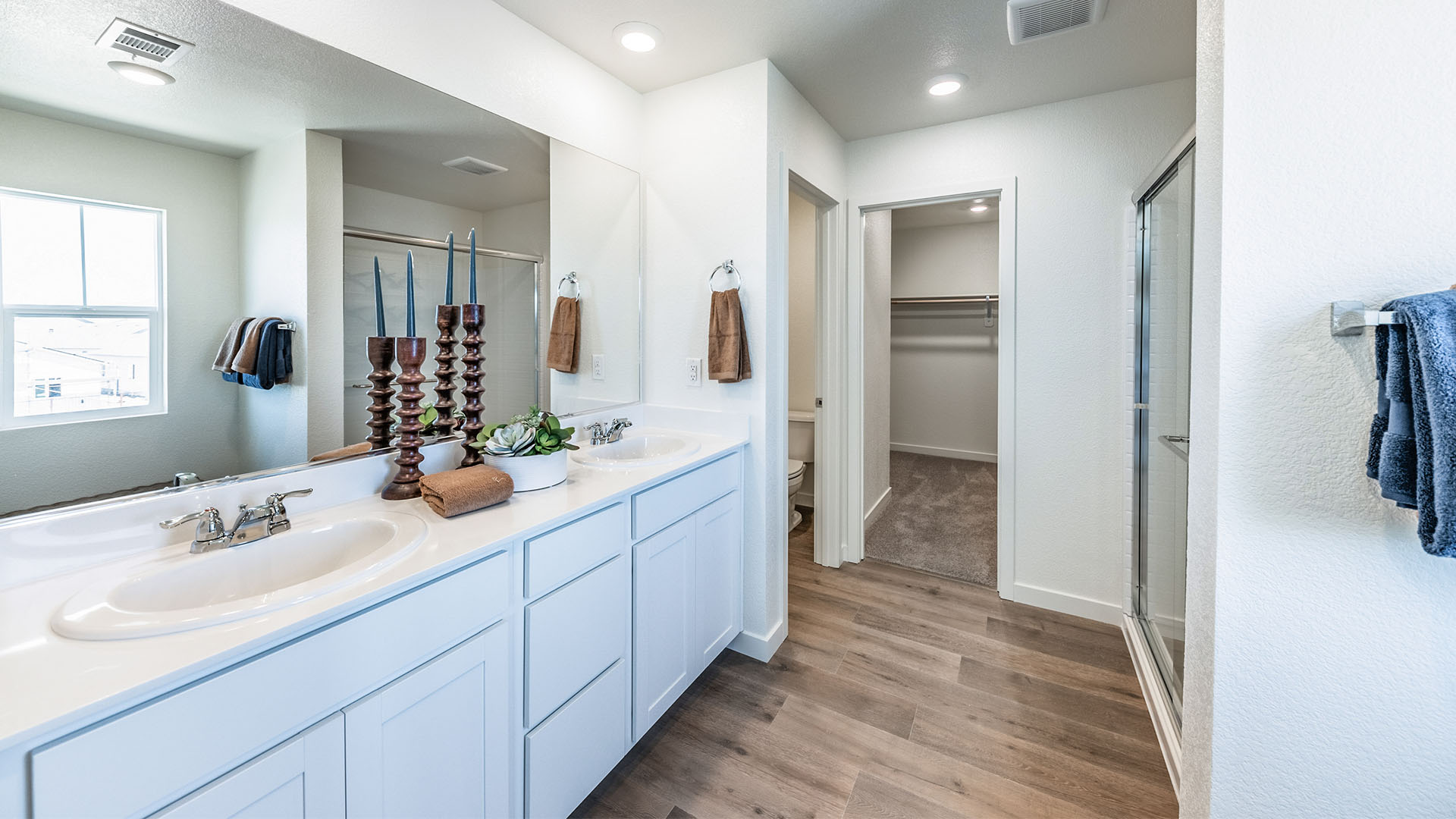 Large primary bathroom with walk-in shower and large walk-in closet