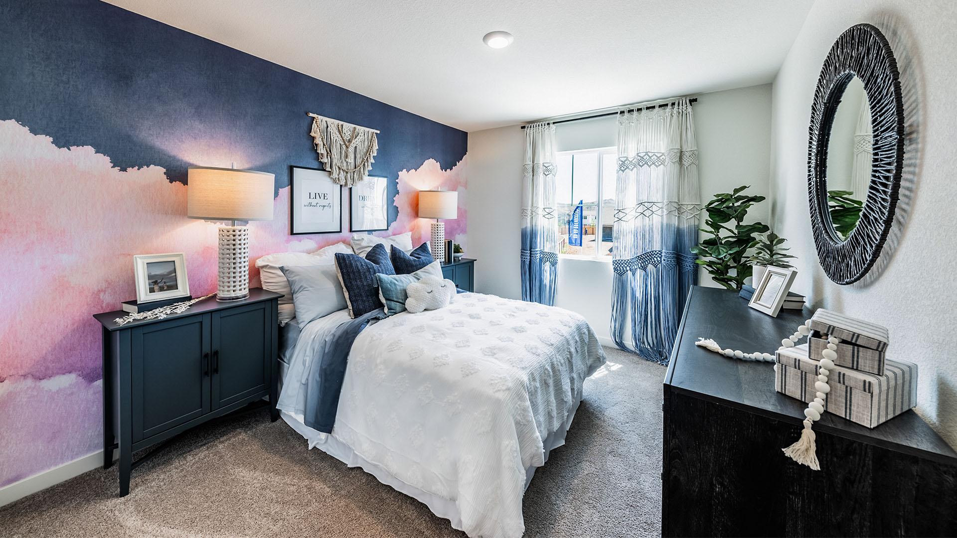 Cute children's room with bright decor and large windows