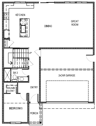 Yosemite floorplan layout floor 1 with open concept living space, interior access the garage, and one bedroom downstairs