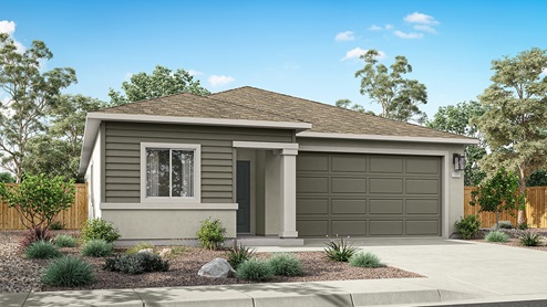 One-story Carlsbad floorplan rendering with West Coast exterior