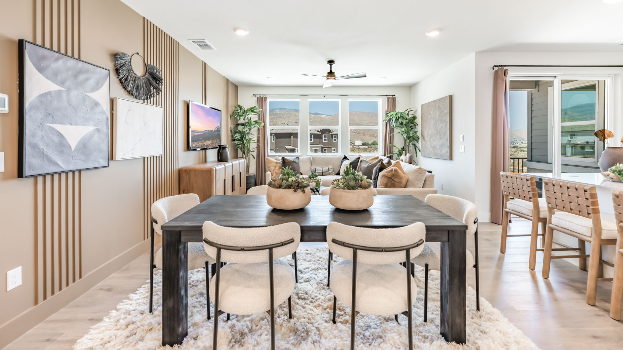 Bright dining area with large windows