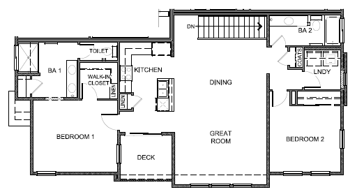 Reverse second level floorplan of 1315 sq. ft. plan