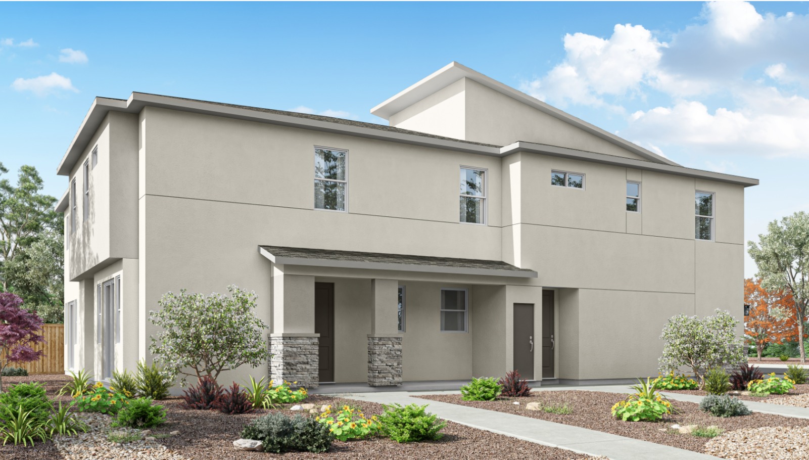 Two story triplex rendering of elevation E 1650 sq. ft. plan