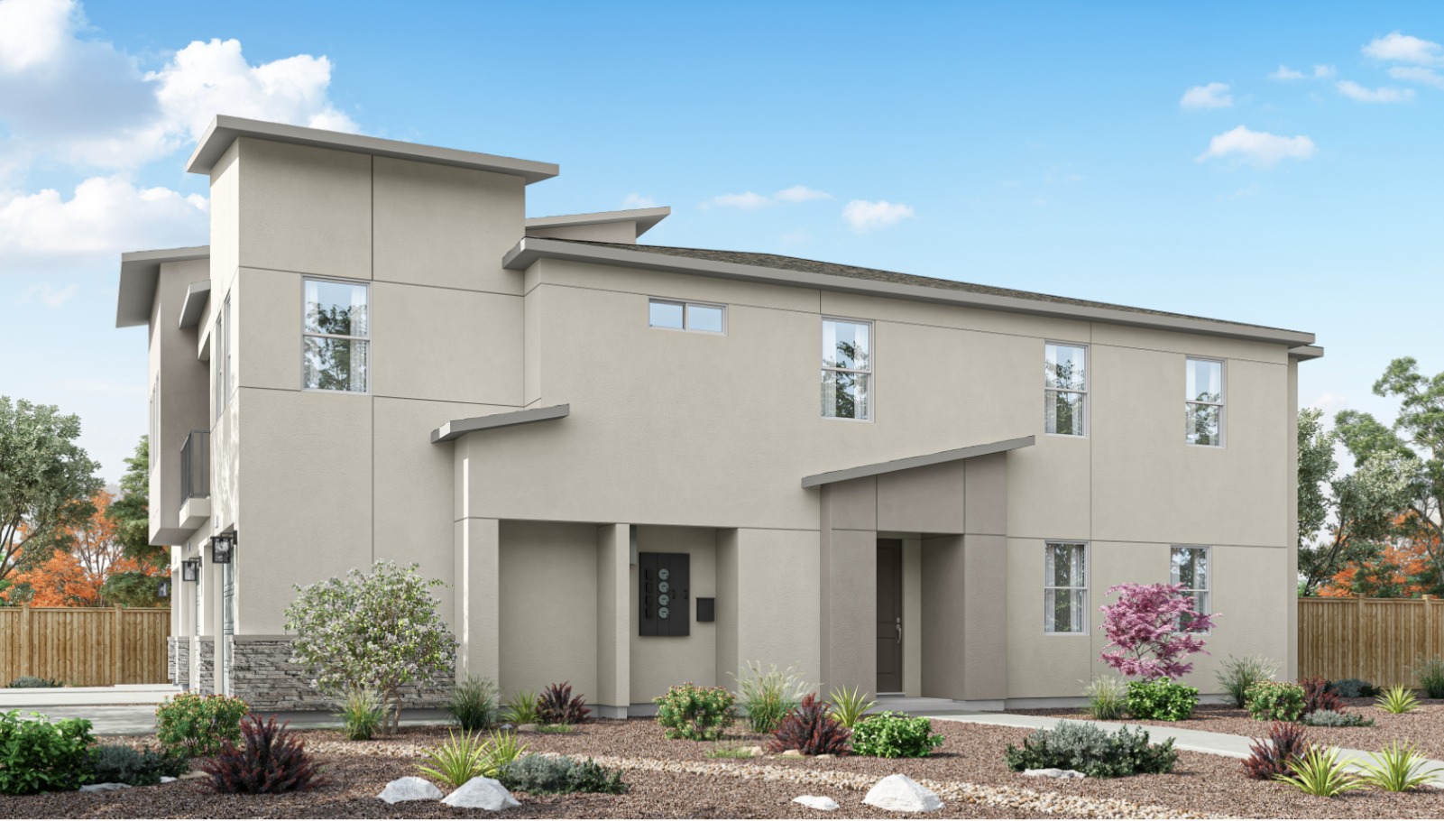Two story triplex rendering of elevation E 1650 sq. ft. plan