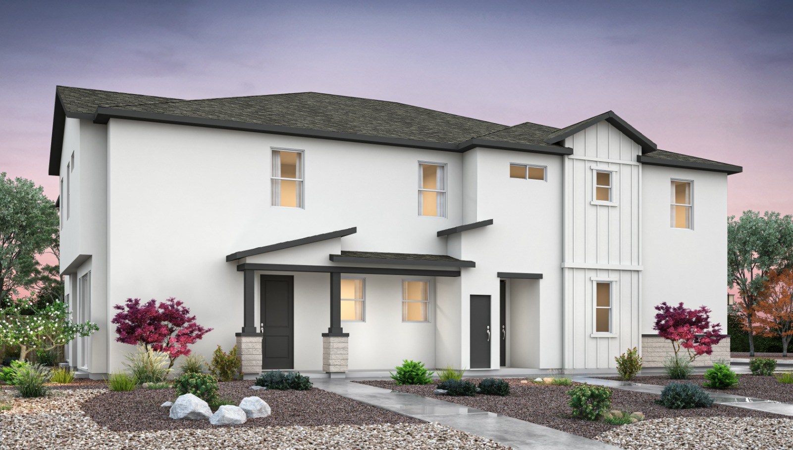 Two story triplex rendering of elevation A 1650 sq. ft. plan