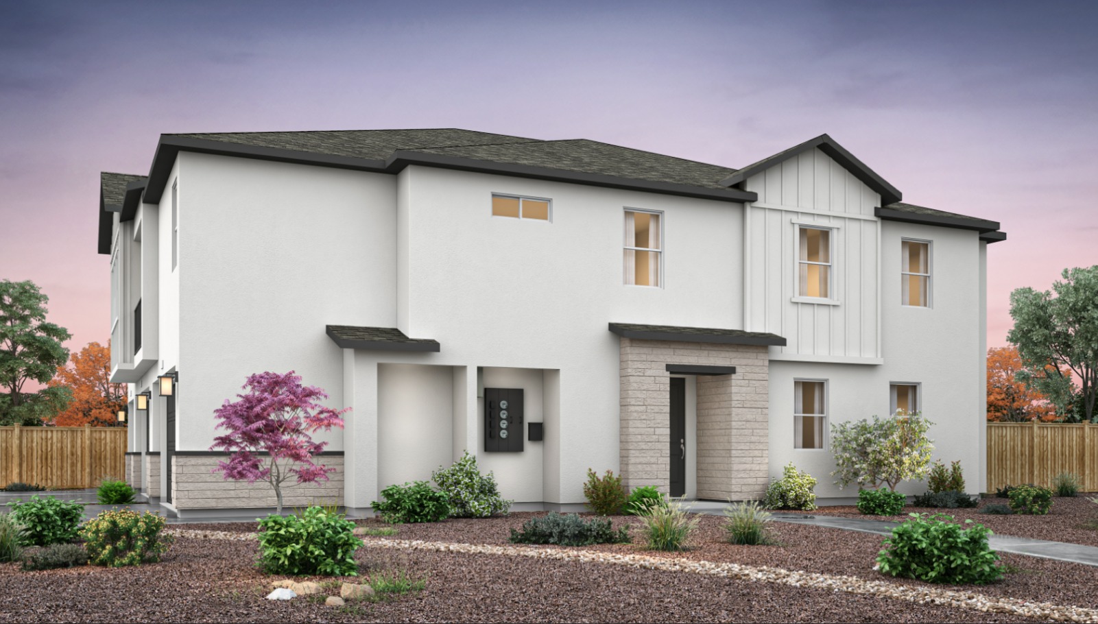 Two story triplex rendering of elevation A 1650 sq. ft. plan