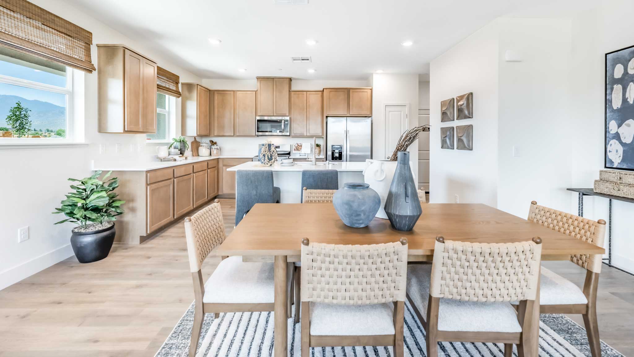 Large dining table with enough room for 6 chairs