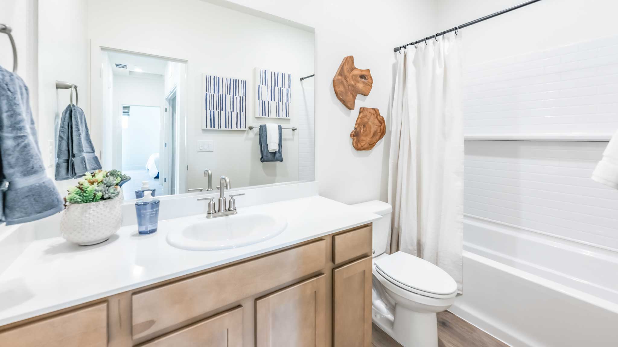 Secondary bathroom with vanity, toilet, and shower tub combo