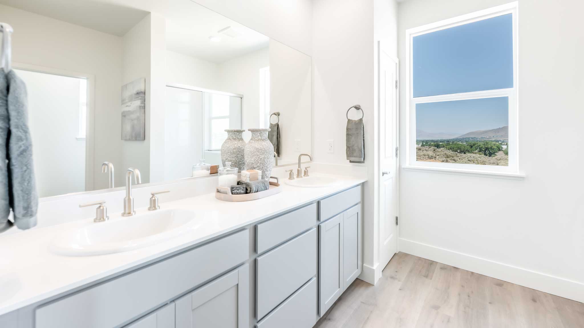 Double vanity next to a large window