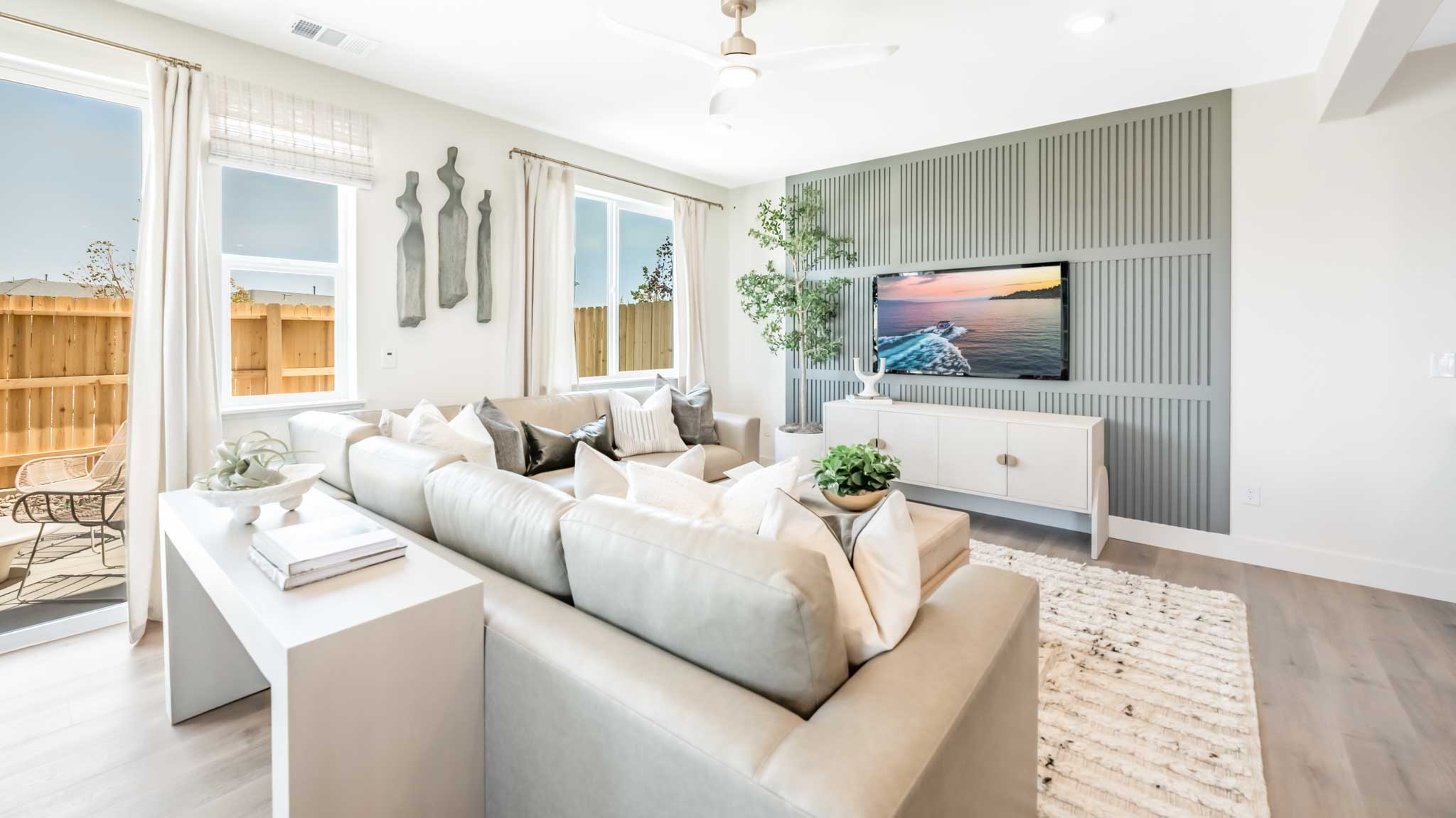 Bright open concept great room with sliding door