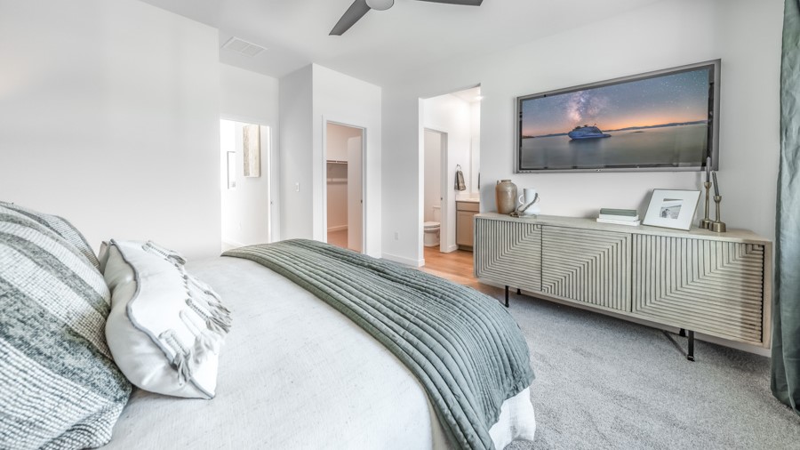 Primary bedroom looking towards primary bathroom