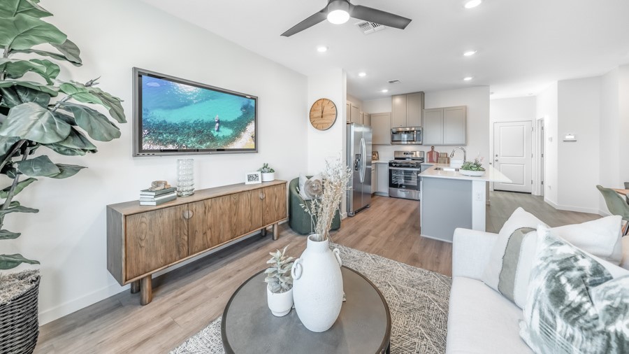 Bright open-concept living, dining and kitchen