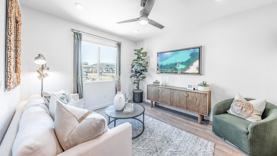 Spacious living room with large windows