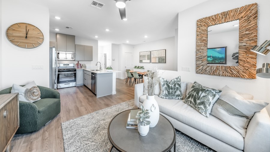 Bright open-concept living, dining and kitchen