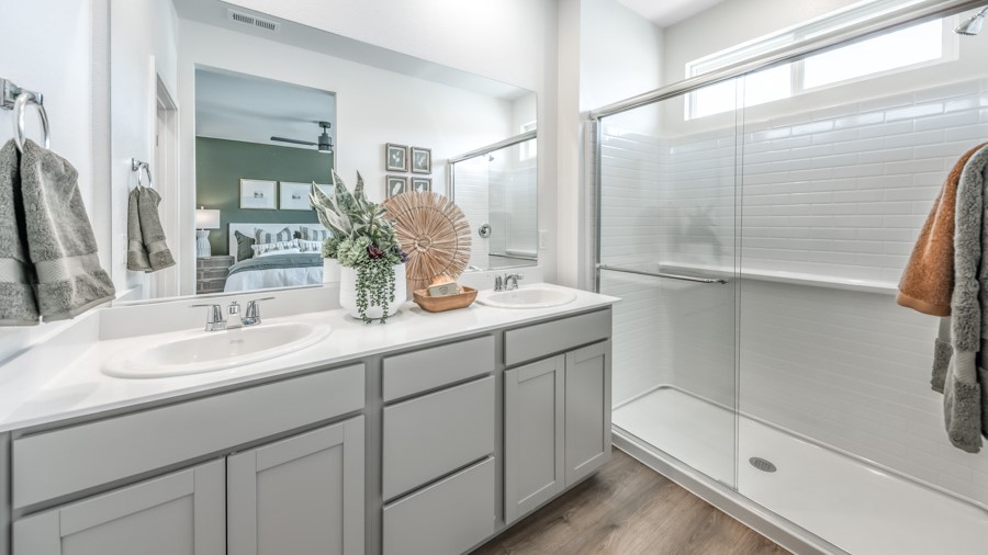 Primary bathroom with vanity and walk-in shower